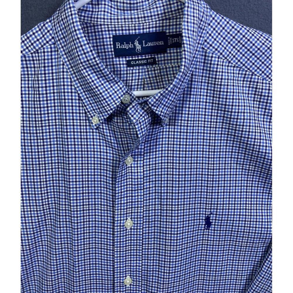Ralph Lauren Shirt Mens 17.5 Xlarge Classic Fit Button Up Blue Plaid Long Sleeve